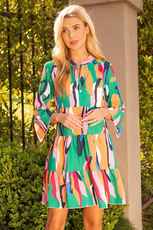 V-NECK ONE BUTTON PRINTED TUNIC DRESS
