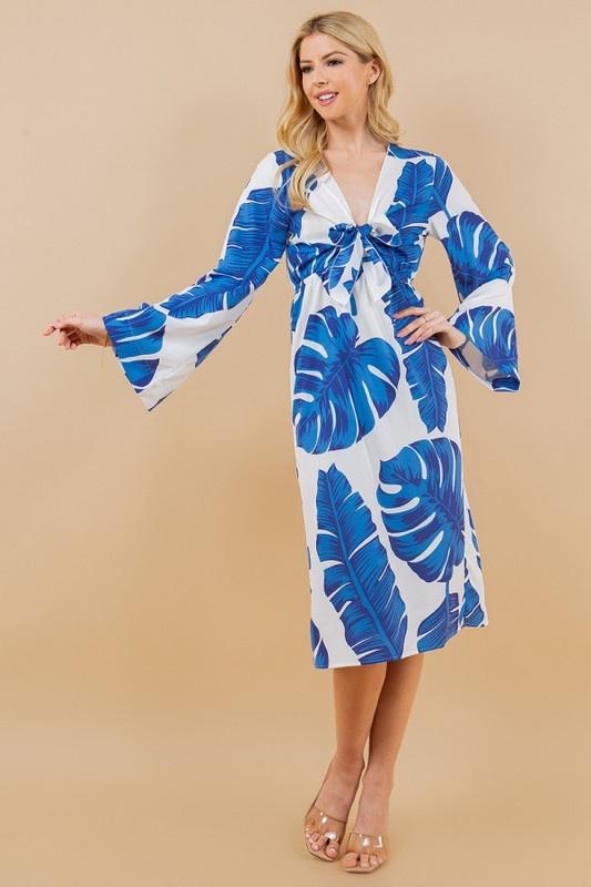 TROPICAL PRINT LONG SLEEVE FRONT BOW DRESS