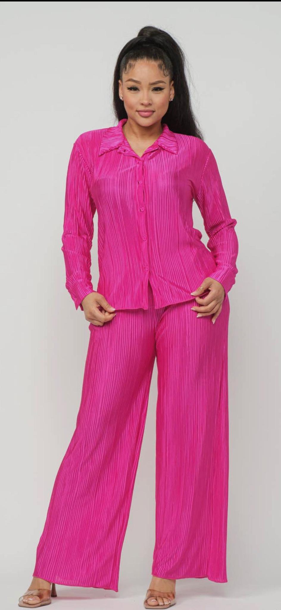 Pleated Front Button Down Top and Pants Set