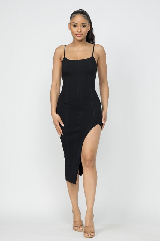 OPEN BACK RIBBED CAMI DRESS WITH SLIT