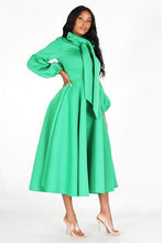 Load image into Gallery viewer, Solid Bow Tie, Puff Sleeve, Midi Dress
