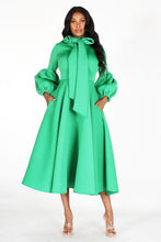 Load image into Gallery viewer, Solid Bow Tie, Puff Sleeve, Midi Dress
