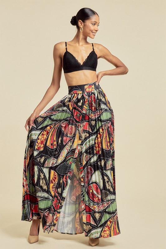 PRINTED AND PLEATED OPEN SKIRT