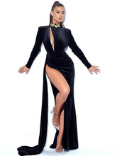 Load image into Gallery viewer, Black Cutout High Slit Velvet Gown
