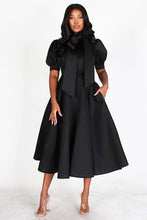 Load image into Gallery viewer, BUBBLE SLEEVE, NECK BOW, FIT AND FLAIR MIDI DRESS
