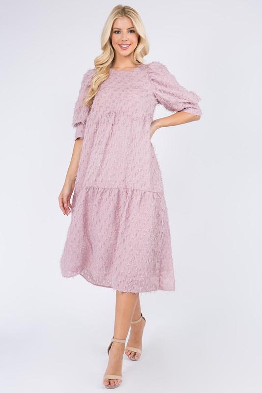 SOLID PUFF SLEEVE ROUND NECK FRINGED  MAXI DRESS