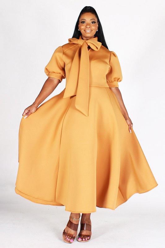 BUBBLE SLEEVE, NECK BOW, FIT AND FLAIR MIDI DRESS